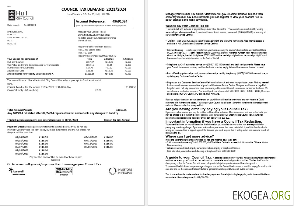 Modèle de facture de services publics pour les entreprises du conseil municipal de Hull, Royaume Uni, aux formats Word et PDF, 2 pages